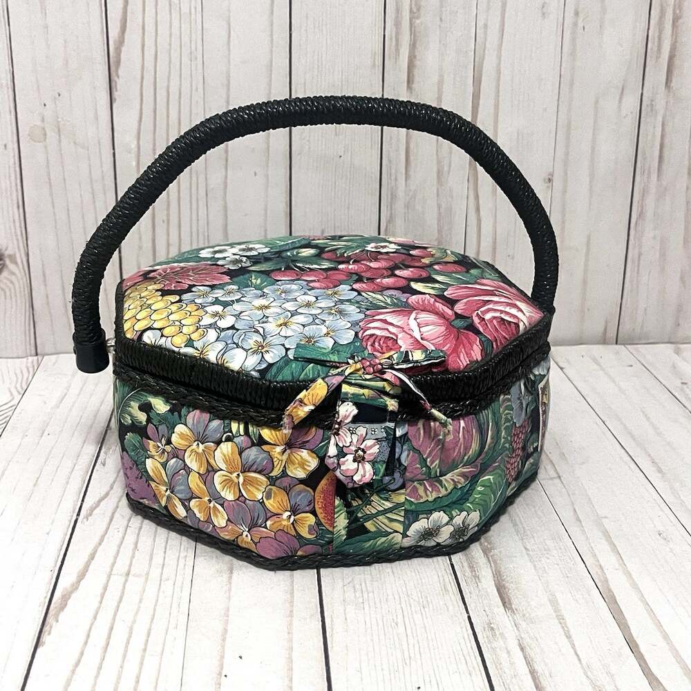 Floral Sewing Basket Vintage Octagon Chintz Fabric Handle Cottagecore Storage